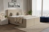 Stilvolles beiges Boxspringbett aus Cordstoff für ein gemütliches Schlafzimmer-Ambiente.