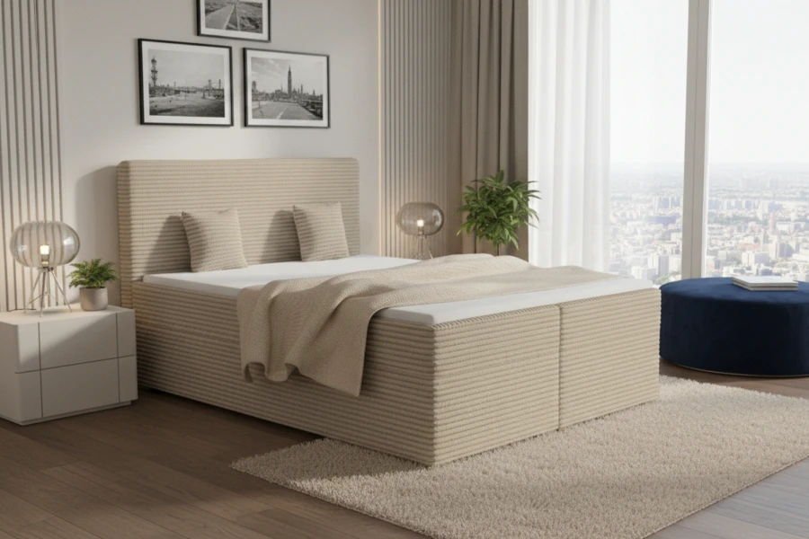 Stilvolles beiges Boxspringbett aus Cordstoff für ein gemütliches Schlafzimmer-Ambiente.
