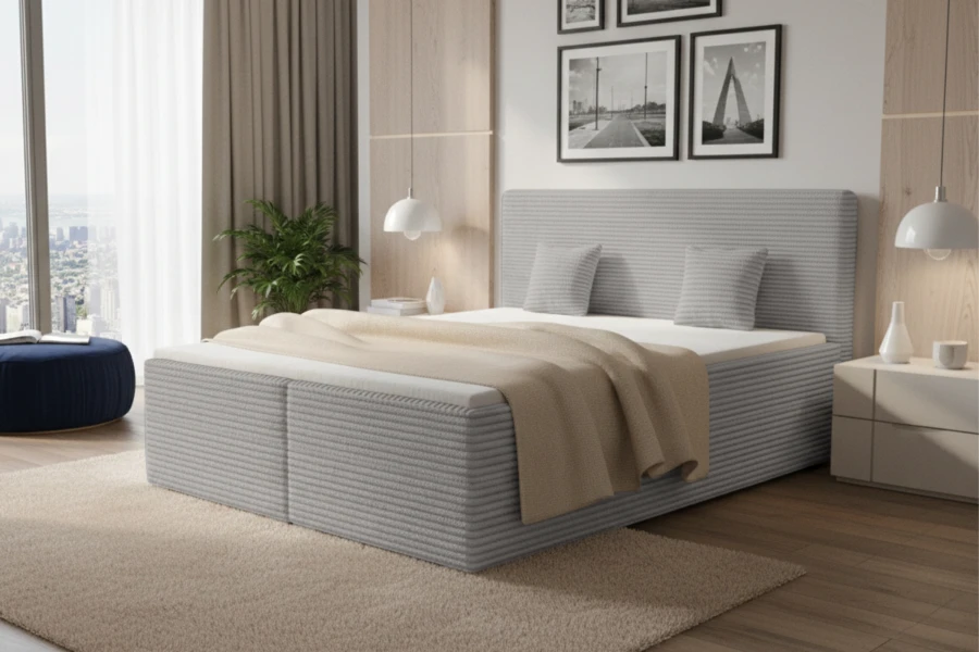 Modernes Boxspringbett in Hellgrau mit geripptem Stoff und hohem Kopfteil im Schlafzimmer.