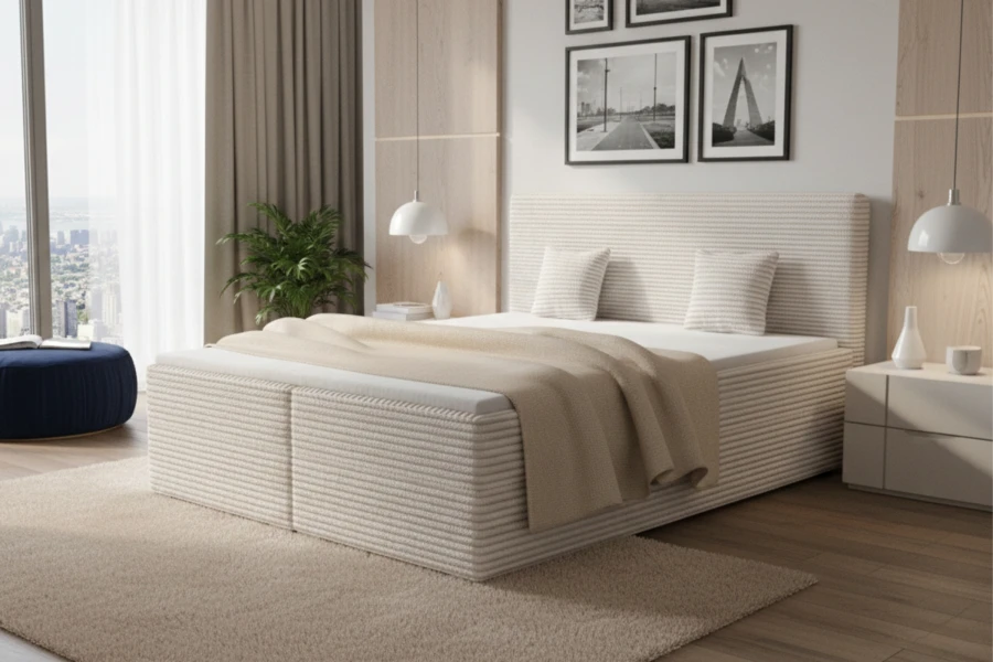 Helles Boxspringbett in Creme mit gerippter Textur in einem lichtdurchfluteten Schlafzimmer.