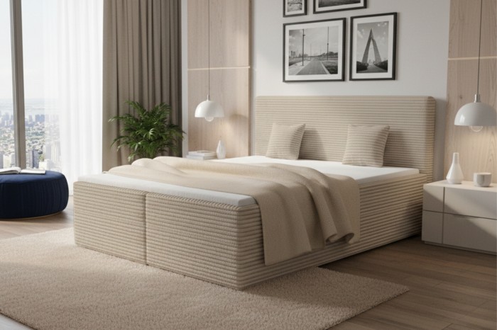 Beiges Boxspringbett mit geripptem Bezug und passendem Kopfteil in modernem Schlafzimmer.