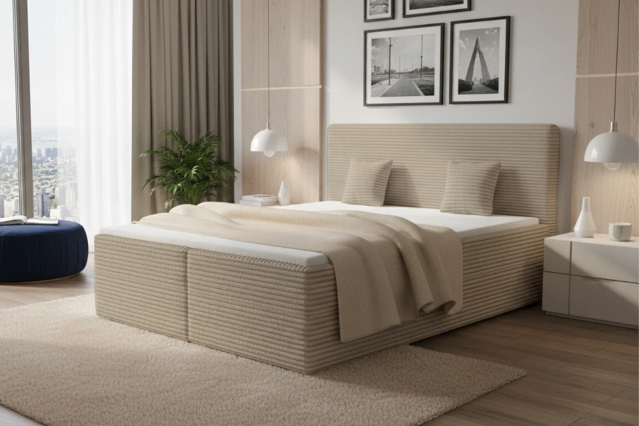 Beiges Boxspringbett mit gepolstertem Kopfteil im hellen Schlafzimmer