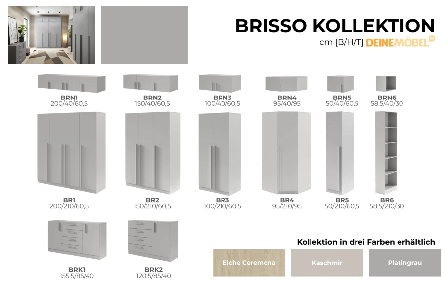 Übersicht der Brisso Möbelkollektion mit verschiedenen Schrankmodulen und Maßen.