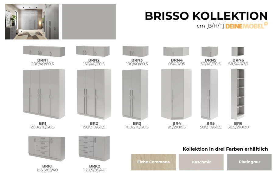 Modulare Schrankelemente der Brisso Serie in Platingrau, Kaschmir und Eiche.