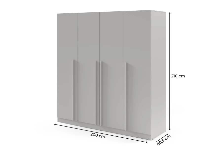Maßangaben für den 4-türigen Kleiderschrank BR1: 200 cm x 210 cm x 60,5 cm.
