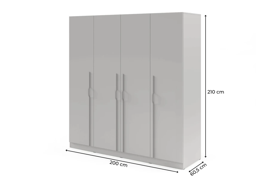 Maße für Kleiderschrank: 210 cm Höhe, 200 cm Breite, 60,5 cm Tiefe.