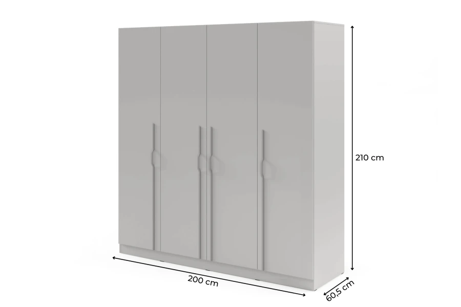 Weißer 4-türiger Kleiderschrank mit Maßen: 200 cm Breite, 210 cm Höhe und 60,5 cm Tiefe.
