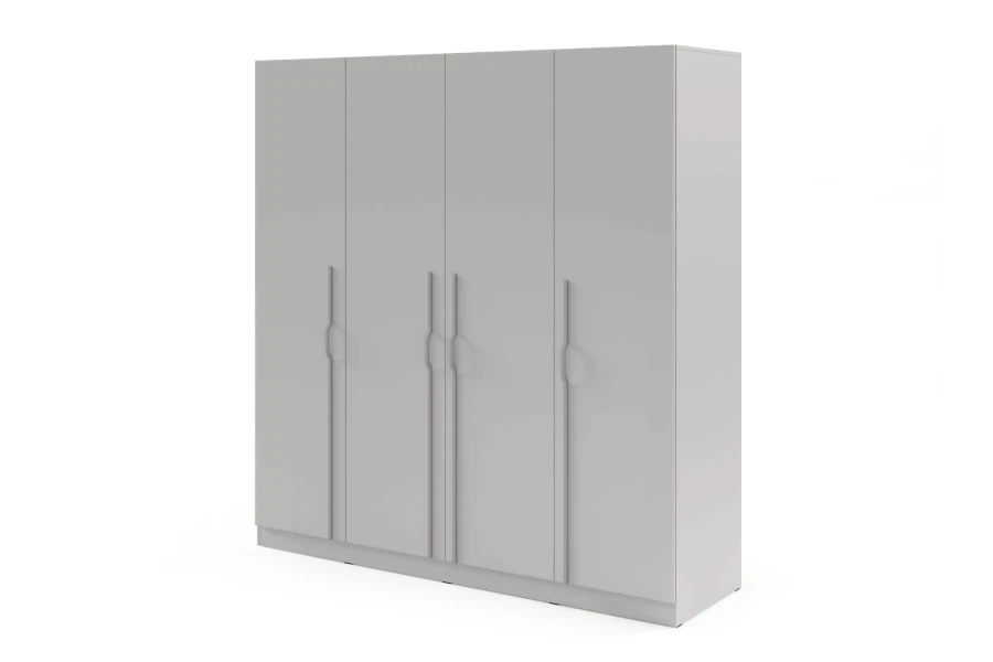 Moderner grauer Kleiderschrank mit 4 Türen und eleganten Griffen, Frontansicht geschlossen.