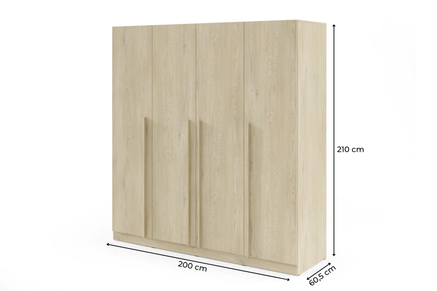 Maßskizze für Kleiderschrank in Eiche-Optik: 200 cm Breite, 210 cm Höhe und 60,5 cm Tiefe.