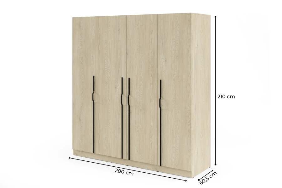Maße Kleiderschrank 4-türig: 200 cm Breite, 210 cm Höhe, 60,5 cm Tiefe in Eiche Ceremona Dekor.