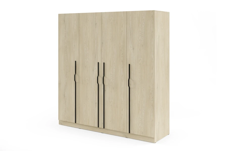 Moderner 4-türiger Kleiderschrank in Eiche Ceremona mit eleganten langen Griffleisten in Schwarz.