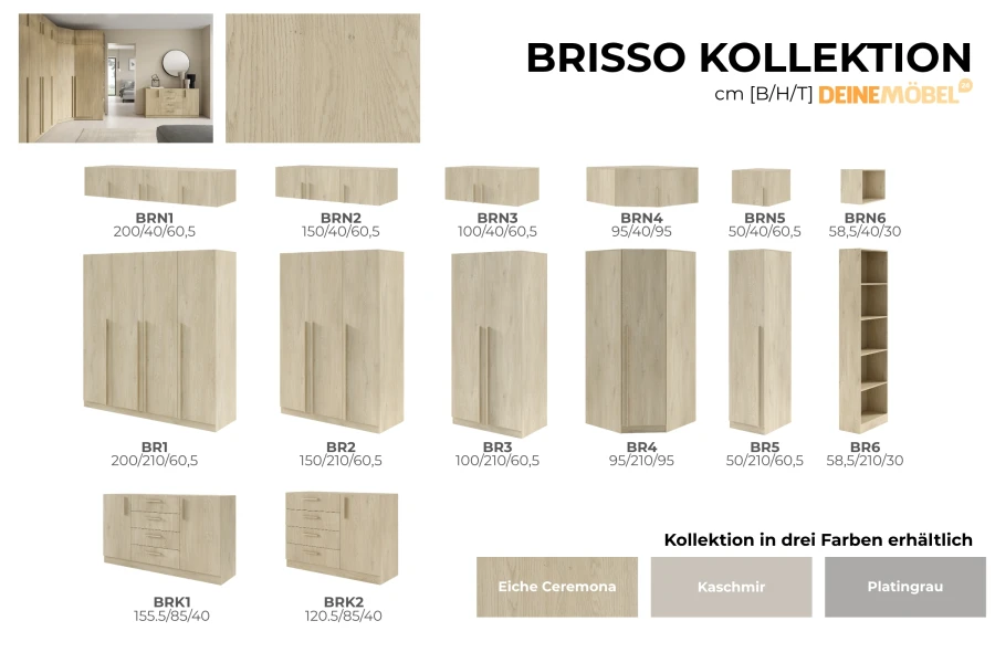 Brisso Kollektion Übersicht: Schrankmodule, Kommoden und Aufsätze in Eiche Ceremona, Kaschmir und Platingrau.