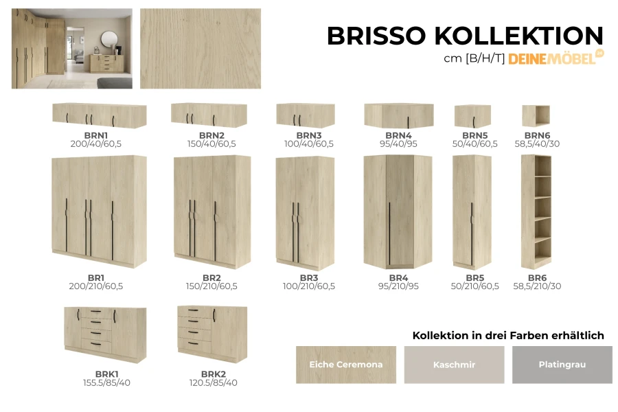 Möbelübersicht Brisso Kollektion in Eiche Ceremona, Kaschmir und Platingrau mit Maßen.