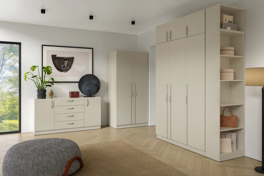 Moderne Schlafzimmermöbel Brisso in Kaschmir Beige mit Schrankwand und Kommode.