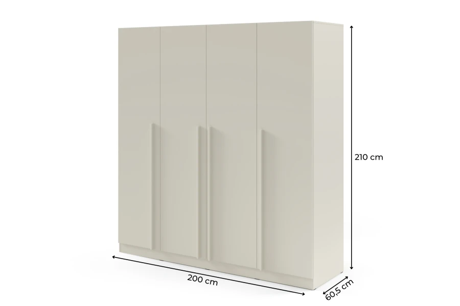 Beiger 4-türiger Kleiderschrank mit Maßen: 200 cm breit, 210 cm hoch, 60,5 cm tief.
