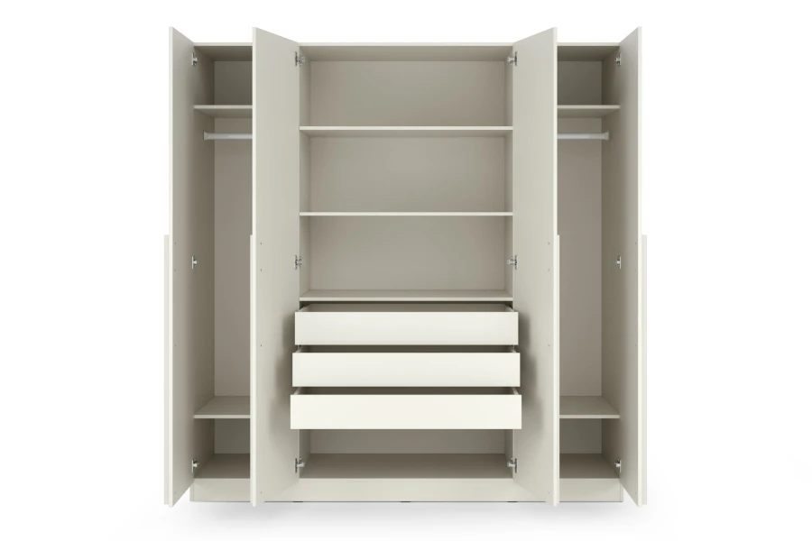 Innenansicht Kleiderschrank: 3 Schubladen, 2 Kleiderstangen und mehrere Ablagefächer.