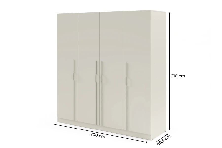 Beiger Kleiderschrank mit Griffmulden und Maßen: 200 cm breit, 210 cm hoch, 60,5 cm tief.