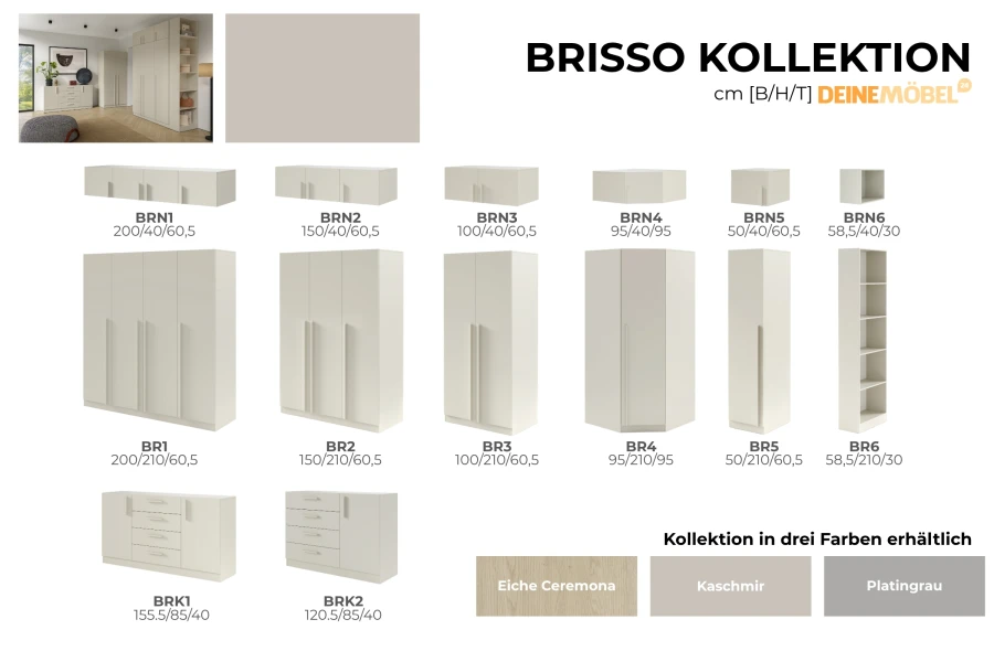 Übersicht der Brisso Möbelkollektion in Kaschmir mit verschiedenen Kleiderschränken und Kommoden.