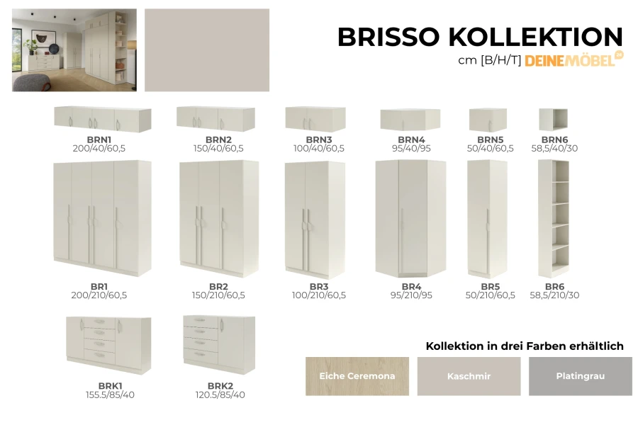 Brisso Möbelserie im Überblick: Verschiedene Module in den Farben Eiche, Kaschmir und Grau.