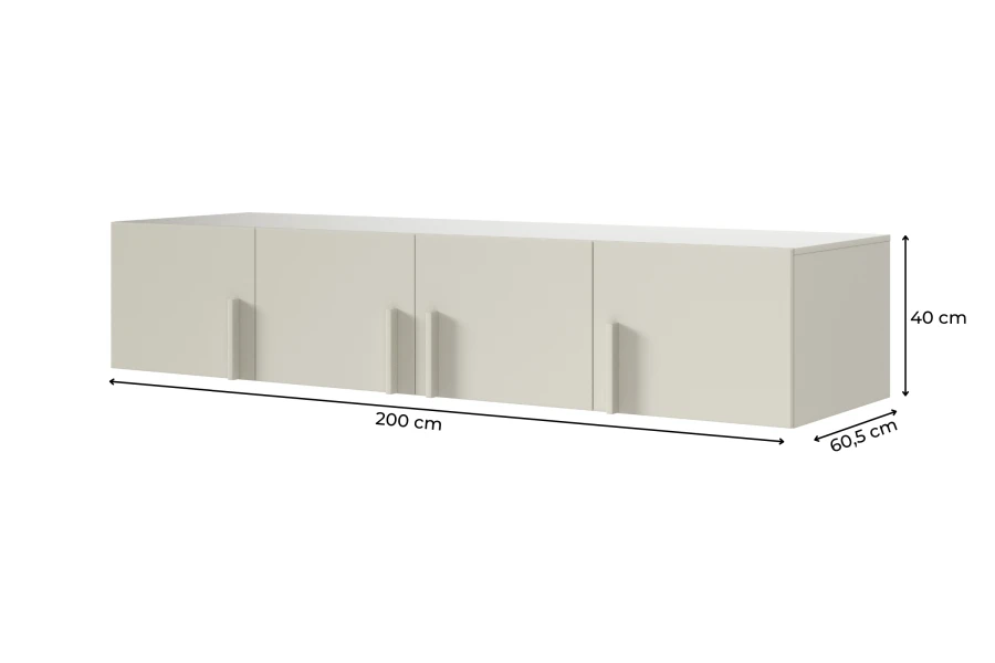 Maßskizze des Brisso BRN1 Hängeschranks: Breite 200 cm, Höhe 40 cm, Tiefe 60,5 cm.