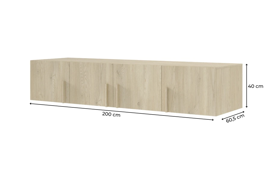 Maßangaben für Wandboard in Eiche: 200 cm Breite, 40 cm Höhe, 60,5 cm Tiefe.
