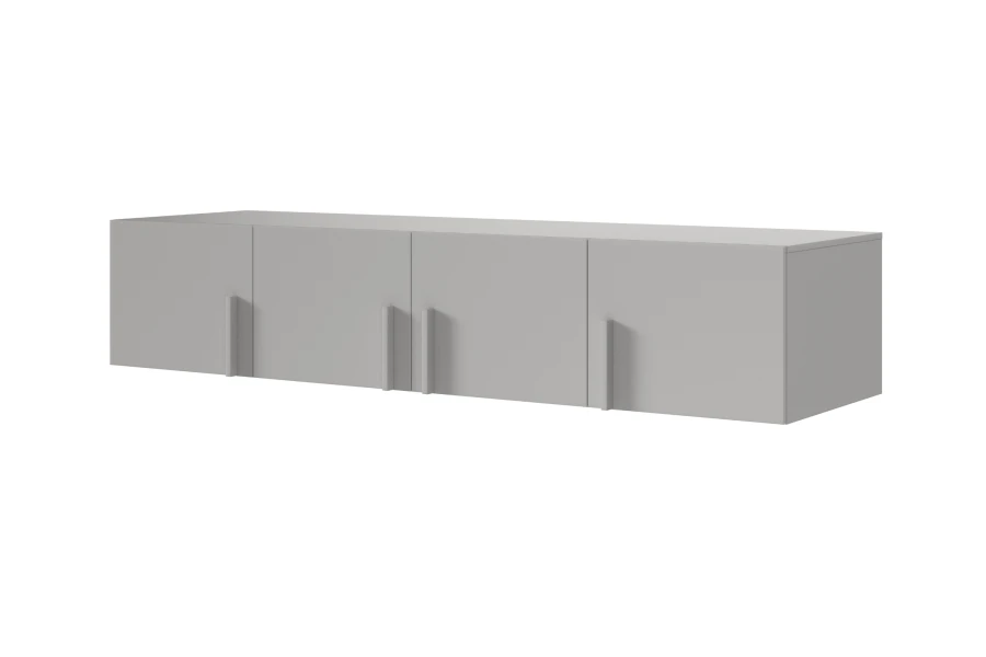 Moderner grauer Hängeschrank mit vier Türen und minimalistischen Griffen.