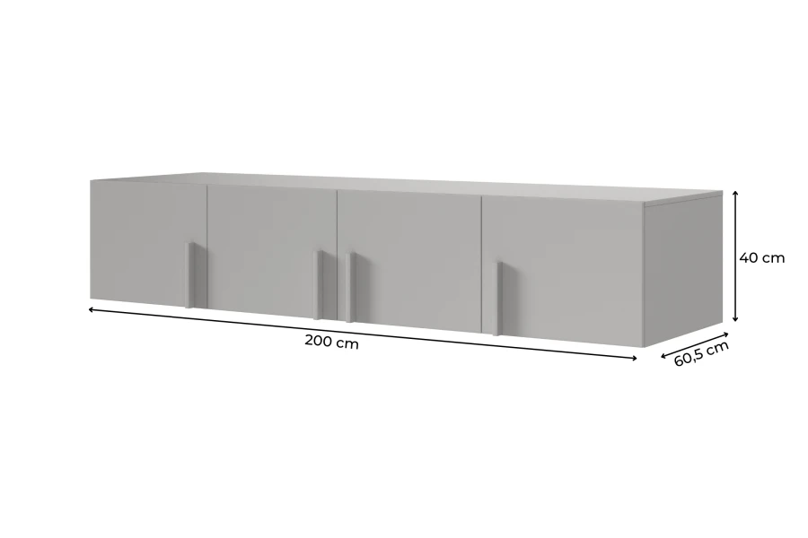 Maßangaben für den Hängeschrank: 200 cm breit, 40 cm hoch und 60,5 cm tief.