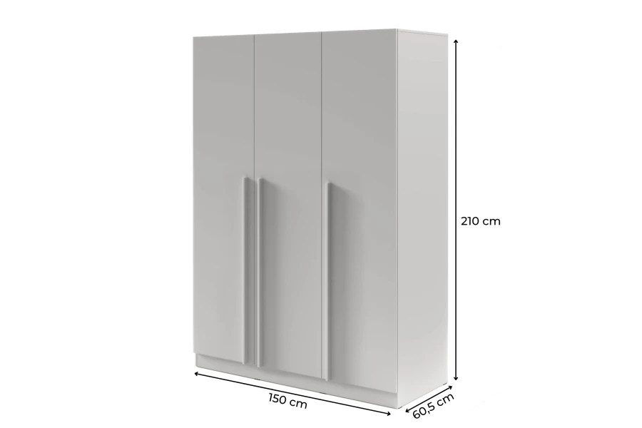 Abmessungen des 3-türigen Kleiderschranks: 150 cm Breite, 210 cm Höhe und 60,5 cm Tiefe.
