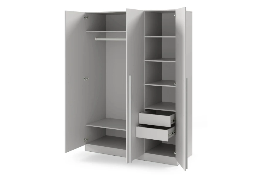 Offener grauer Kleiderschrank mit Kleiderstange, Regalfächern und zwei Schubladen auf weißem Hintergrund.