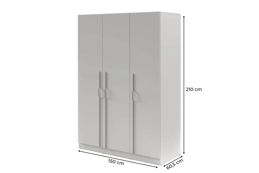 Grijze kledingkast met afmetingen: 150 cm breedte, 210 cm hoogte en 60,5 cm diepte voor kamerplanning.
