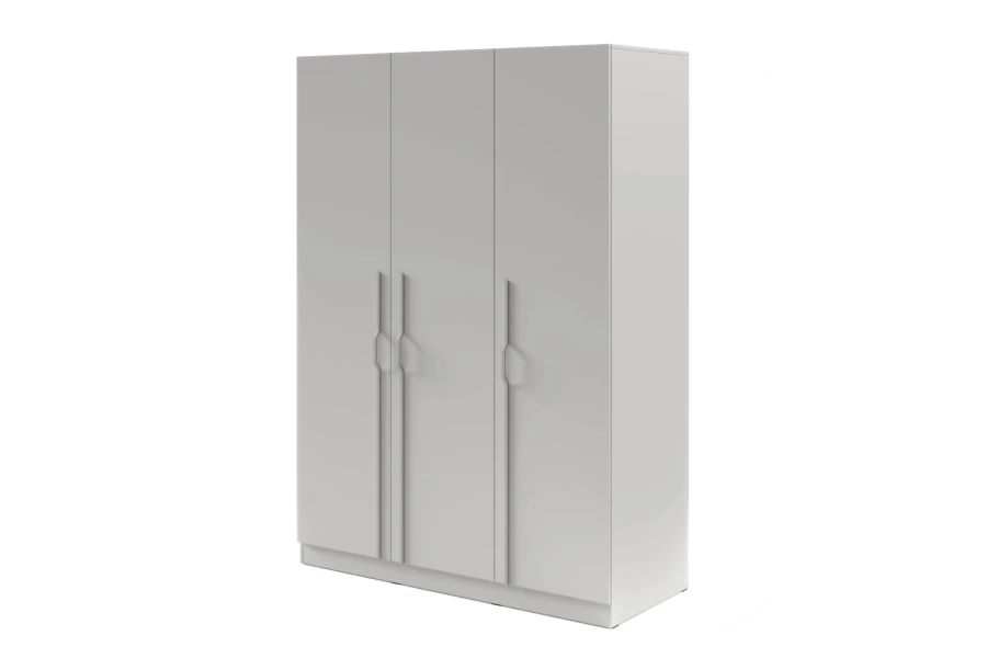 Moderner grauer Kleiderschrank 3-türig mit schlichtem Design und langen Griffen in minimalistischem Stil.