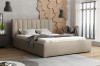 Modernes Polsterbett in Beige mit gestreiftem Kopfteil in eleganter Schlafzimmer-Umgebung.