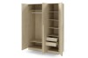 Geöffneter Kleiderschrank in Eiche mit Kleiderstange, Einlegeböden und Schubladen.