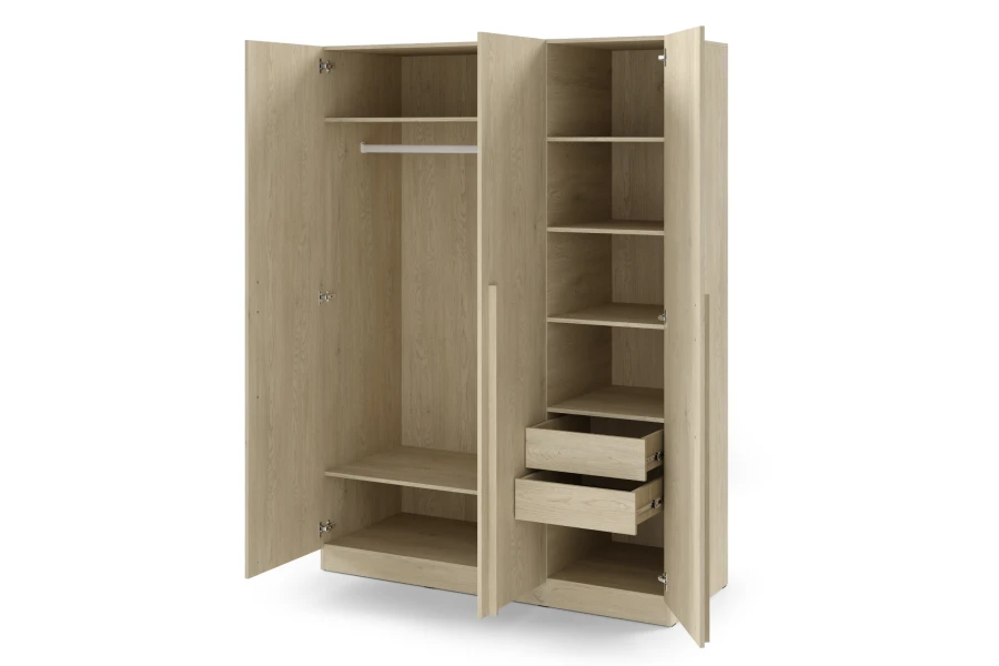 Offener Kleiderschrank mit Kleiderstange, Ablagefächern und zwei Schubladen.