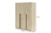 Dreitüriger Kleiderschrank in Eiche mit schwarzen Griffen, Maße 150x210x60,5 cm.