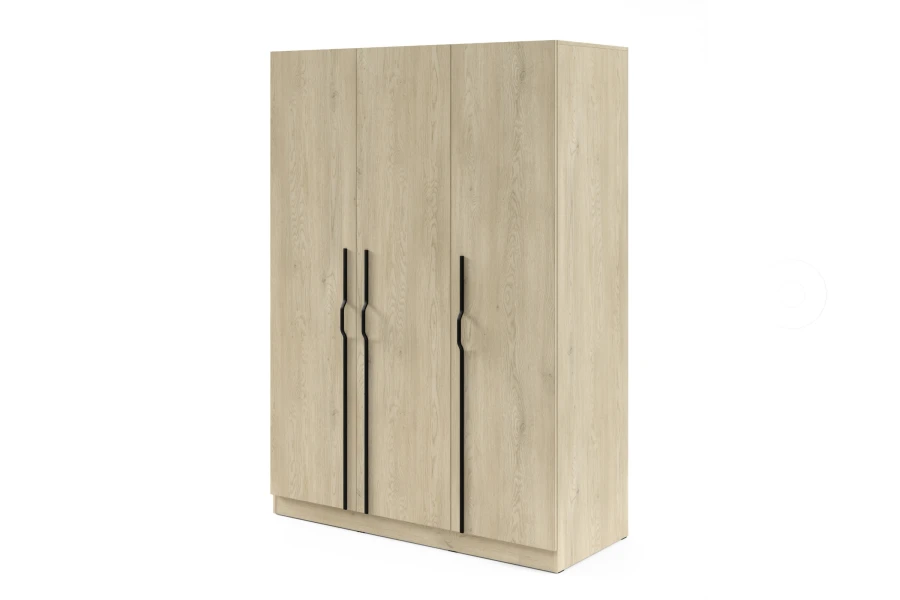 Großer 3-türiger Schrank in Eichenoptik mit langen schwarzen Griffleisten.