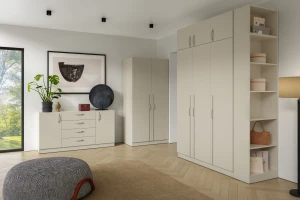 BRISSO BR2 Kleiderschrank 150 cm 3-türig, Kaschmir, Eiche Cremona, Platingrau, Metallgriffen Deine Möbel