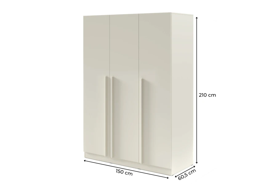 Beiger 3-türiger Kleiderschrank mit Maßen: 150 cm Breite, 210 cm Höhe und 60,5 cm Tiefe.