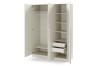 Innenansicht Kleiderschrank Beige mit Kleiderstange, Einlegeböden und zwei Schubladen.