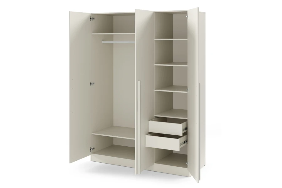 Offener Kleiderschrank in Beige mit Kleiderstange, Einlegeböden und zwei Schubkästen.