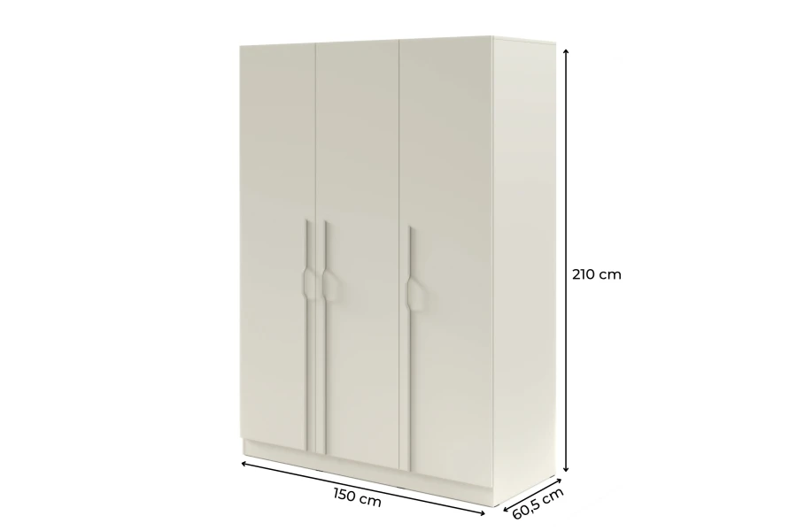 Moderner Kleiderschrank 3-türig in Beige mit ergonomischen Griffen und Maßen 150x210x60,5 cm.