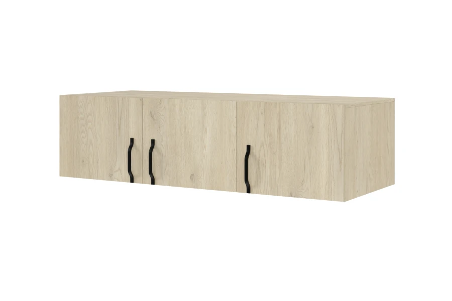 Hängeschrank in Eiche hell mit dekorativen schwarzen Metallgriffen für modernen Wohnstil.