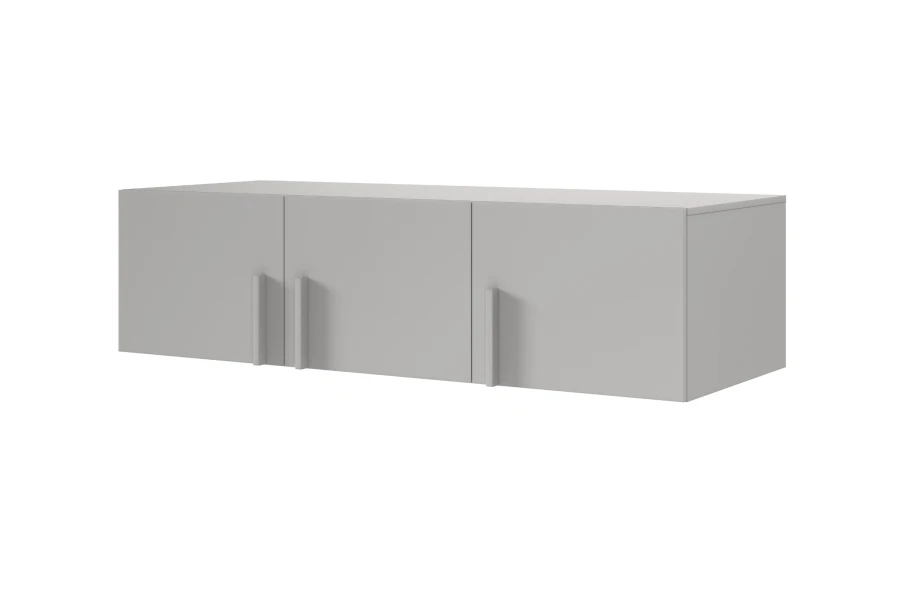 Minimalistisch grijs dressoir met drie deuren en eenvoudige verticale handgrepen.