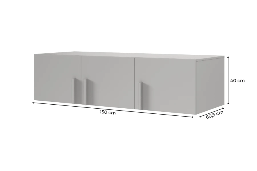 Abmessungen des grauen Schranks: 150 cm Breite, 60,5 cm Tiefe und 40 cm Höhe.
