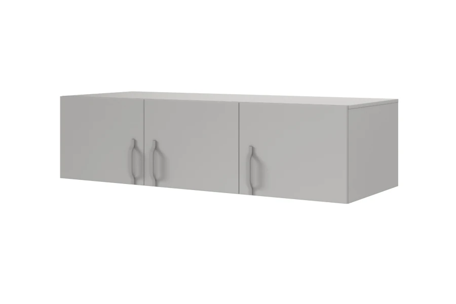 Design sideboard in grey with three doors and elegantly curved metal handles.