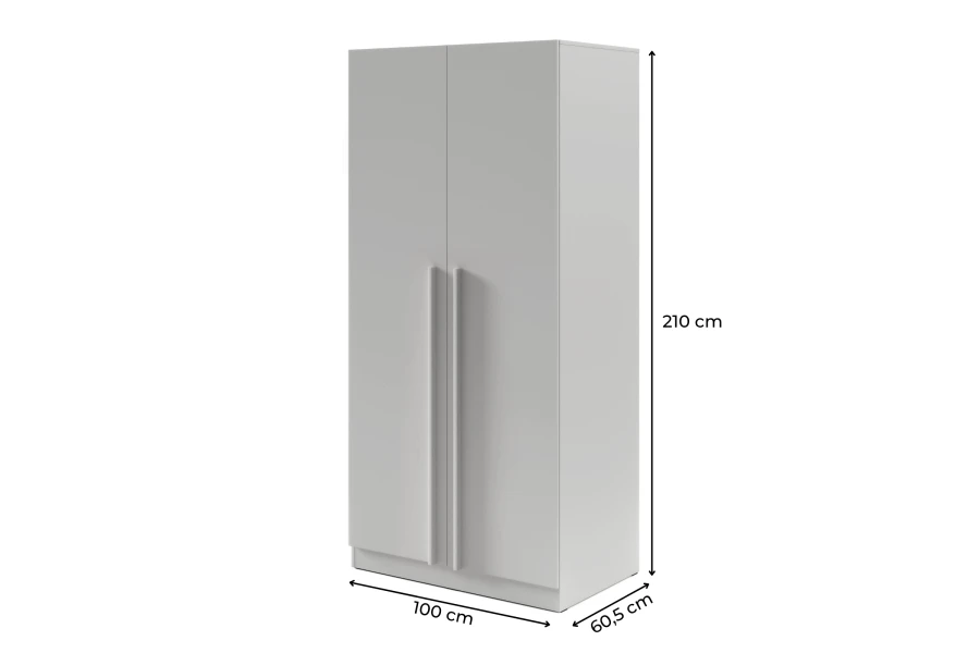 Produktmaße weißer Kleiderschrank: Höhe 210 cm, Breite 100 cm, Tiefe 60,5 cm.
