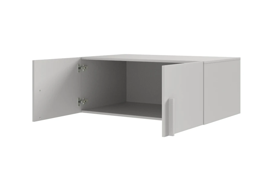 Grauer 2-türiger Schrank offen, Innenansicht des Schranks mit viel Stauraum für Kleidung oder Akten.