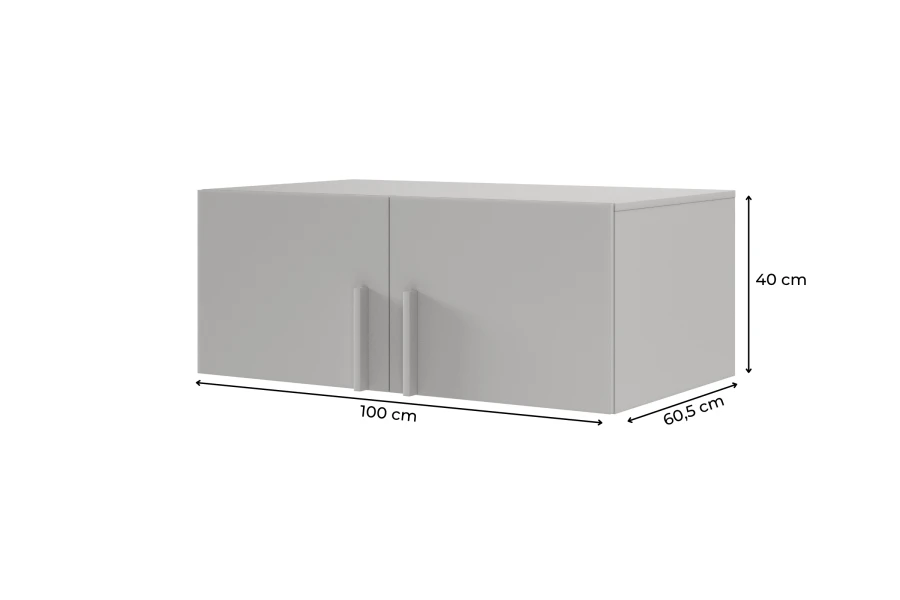 Grauer Schrank mit Maßangaben: 100 cm Breite, 40 cm Höhe und 60,5 cm Tiefe.