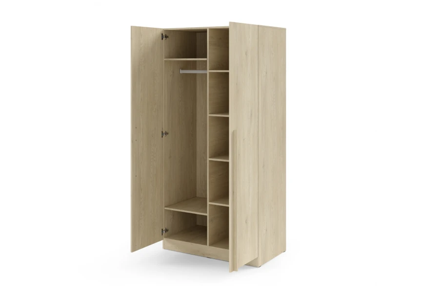 Interior view of the wardrobe with clothes rail and several storage compartments.