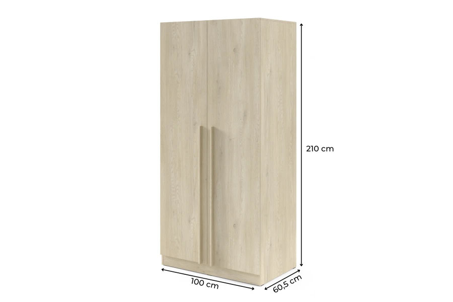 Maße des Eiche-Kleiderschranks: 100 cm Breite, 210 cm Höhe, 60,5 cm Tiefe.